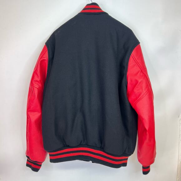 Stewart And Strauss Large Vintage Varsity Jacket Red Black Wool Leather Sleeves - Picture 8 of 10